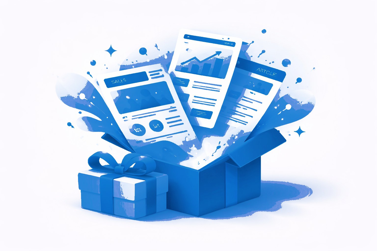 Illustration of a finished web page and article being handed over as a gift