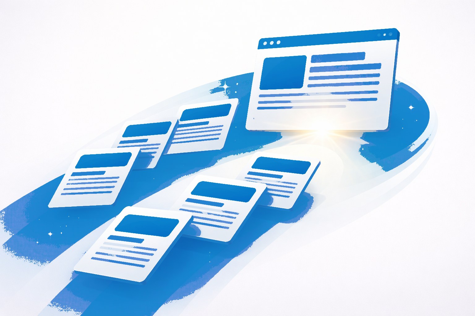 Illustration of finished web pages being assembled and published